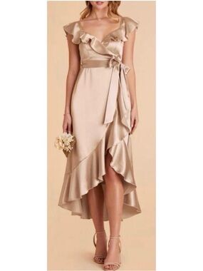 Birdy Grey Satin Neutral Champagne Ruffle V-Neck Midi Bridesmaid James Dress 1X